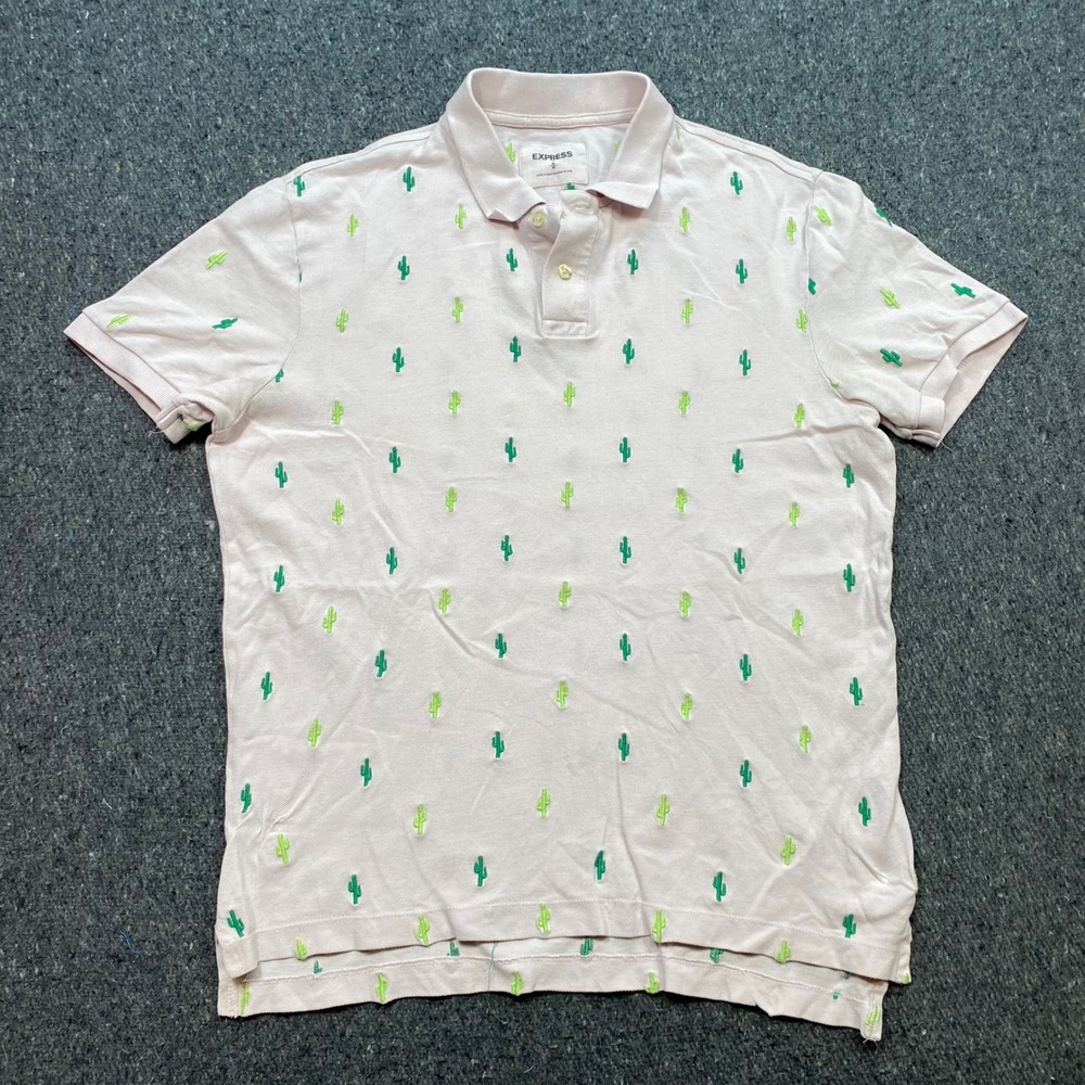 Express Cactus Polo‎ Sz M Mens Pink Embroidered Short Sleeve Preppy Summer Top
